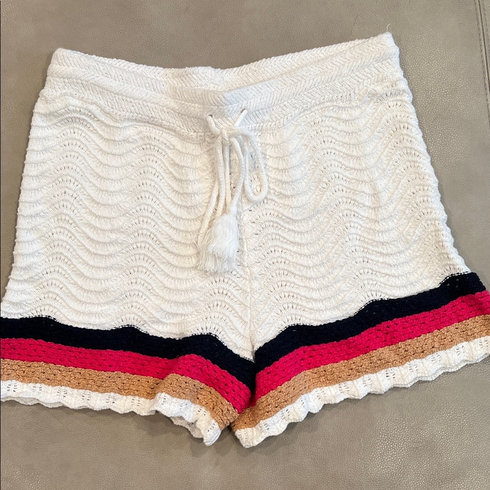 House of Harlow 1960 White Knit High-Waist Shorts with Black, Pink & Tan Stripes